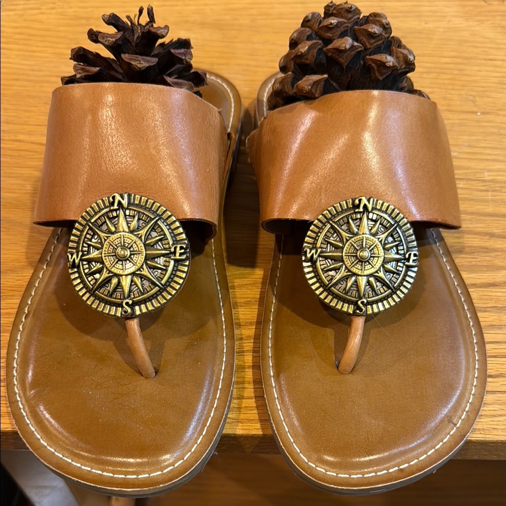 Patricia Nash Brown and Gold Sandals with Compass Medallion